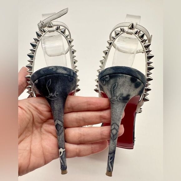 Christian Louboutin Mafaldina Spikes Denim & Leather 100 Heels Sandals EU 37 US7 - Picture 6 of 12